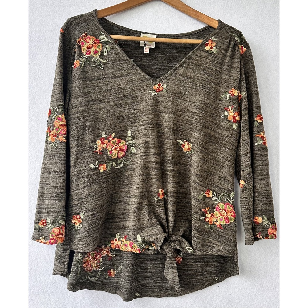 Anthropologie Top Embroidered Floral PXL 3/4 Sleeve Tie Waist
